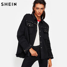 Load image into Gallery viewer, SHEIN Studded Frayed Hem Denim Jacket Autumn Women Coats Black Lapel Single Breasted 2017 Women's Jackets and Coats