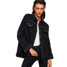 Load image into Gallery viewer, SHEIN Studded Frayed Hem Denim Jacket Autumn Women Coats Black Lapel Single Breasted 2017 Women's Jackets and Coats