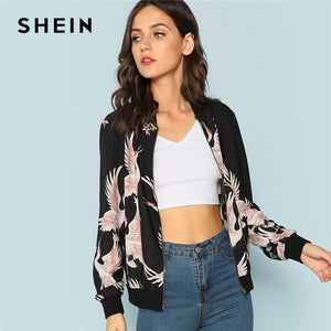 SHEIN Black Flamingo Print Zip Up Jacket Casual Streetwear Animal Bomber Jackets Women Athleisure Modern Lady Autumn Jackets