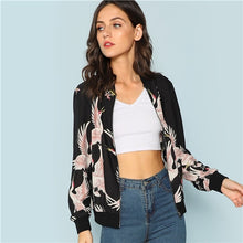 Load image into Gallery viewer, SHEIN Black Flamingo Print Zip Up Jacket Casual Streetwear Animal Bomber Jackets Women Athleisure Modern Lady Autumn Jackets