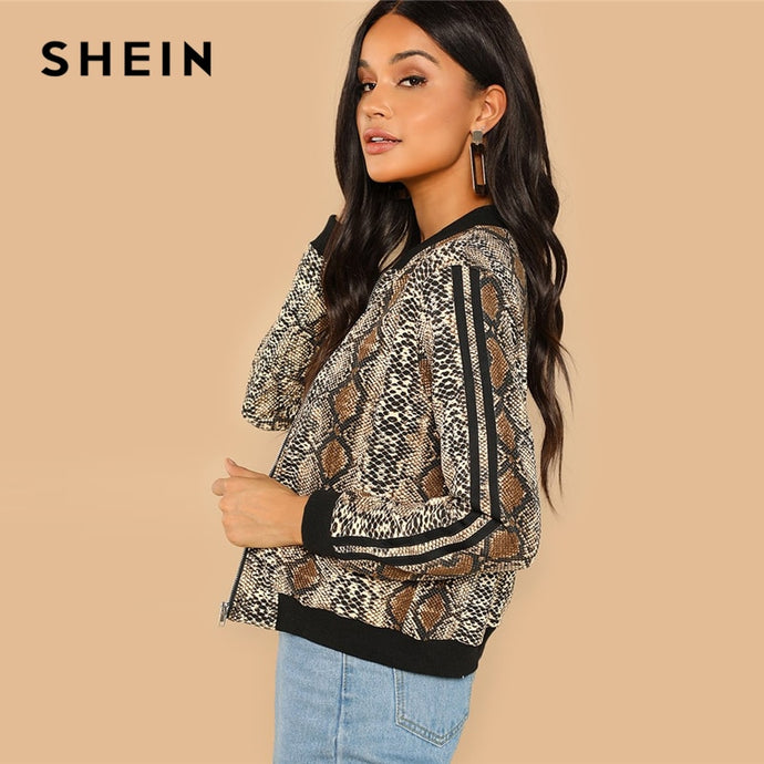SHEIN Multicolor Highstreet Snakeskin Print Colorblock Striped Sleeve Jacket 2018 Autumn Modern Lady Casual Women Coat Outerwear