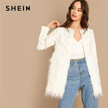 Load image into Gallery viewer, SHEIN White Office Lady Solid Pearl Embellished Faux Fur Round Neck Jacket Autumn Workwear Casual Women Coat And Outerwear