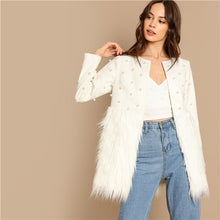 Load image into Gallery viewer, SHEIN White Office Lady Solid Pearl Embellished Faux Fur Round Neck Jacket Autumn Workwear Casual Women Coat And Outerwear