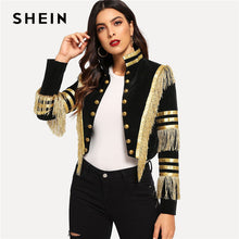 Load image into Gallery viewer, SHEIN Lady Fringe Patched Metallic Double Breasted Stripe Black Gothic Jacket Women Autumn Stand Collar Cropped Jacket