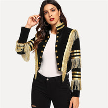 Load image into Gallery viewer, SHEIN Lady Fringe Patched Metallic Double Breasted Stripe Black Gothic Jacket Women Autumn Stand Collar Cropped Jacket
