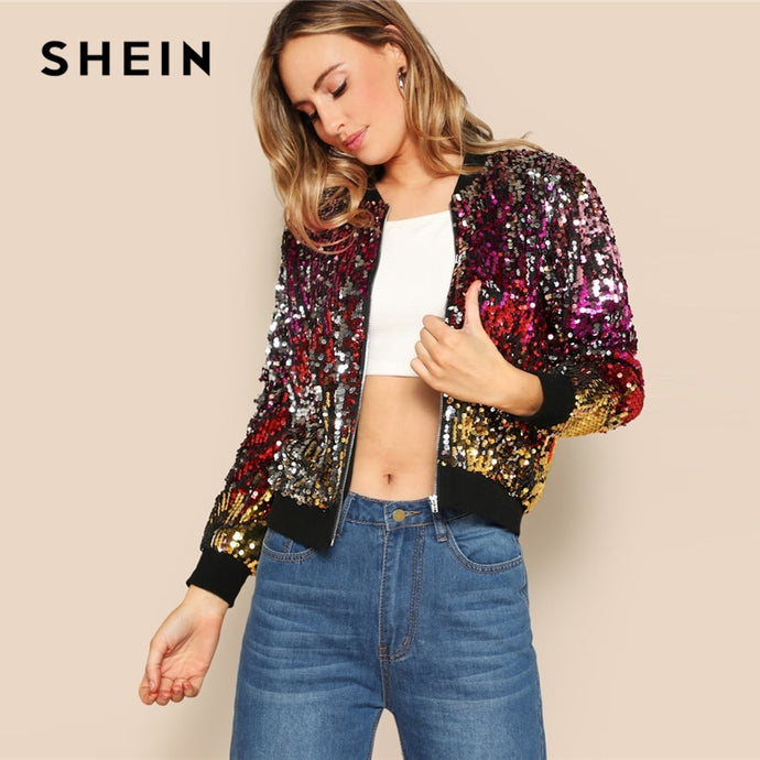 SHEIN Multicolor Zip Front Sequin Bomber Zipper Jacket Spring Modern Lady Women Streetwear Stand Collar Coat Outerwear