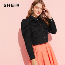 Load image into Gallery viewer, SHEIN Black Classy Button Up Flap Pocket Puff Sleeve Ruched Women Jacket Spring Cotton Solid Single Breasted Cropped Jacket