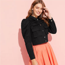 Load image into Gallery viewer, SHEIN Black Classy Button Up Flap Pocket Puff Sleeve Ruched Women Jacket Spring Cotton Solid Single Breasted Cropped Jacket